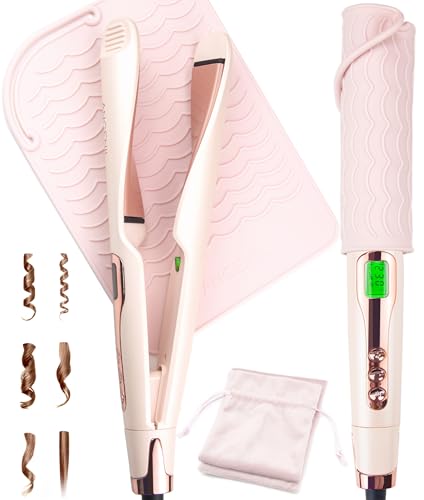 ANGENIL Pro Twist Flat Iron Hair Straightener, 2 in 1 Straightener and Curling Iron for Women, Round Pink Dual Voltage Hair Straightener with Silicone Heat Resistant Mat, 20s Fast Heating, LCD Display