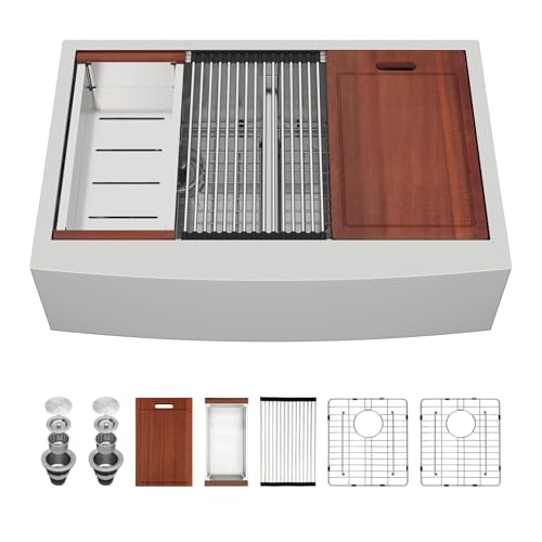 Sarlai 36 Farmhouse Kitchen Sink Double Bowl - 36 x 22 Inch Farm Stainless Steel Sink Apron Front 16 Gauge Ledge Workstation Sinks Low Divide 50/50 Double Basin Under Counter Kitchen Farm Sinks