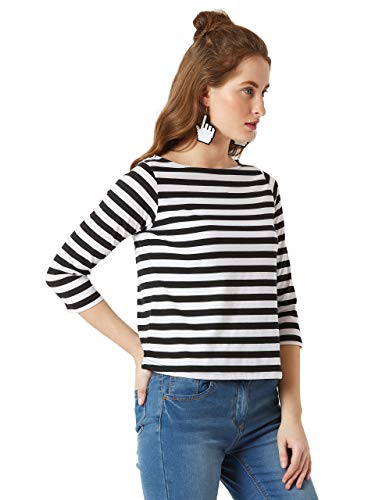 Image of Miss Chase Women Casual Boat Neck Cotton Striped Regular Fit Top