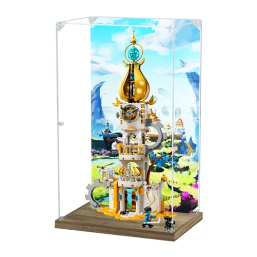 Figuren-Displaybox für LE-GO für 71477 The Sand-Mann's Tower, Acryl, staubdicht, transparent, benutzerdefinierte Vitrine (kein Modell) (Hintergrund + Holz)