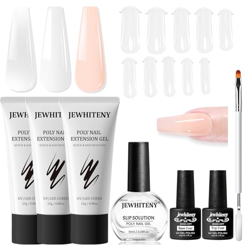 JEWHITENY Poly Extension Gel Nail Set Clear White Pink Poly Nail Gel With Slip Solution Base Coat Top Coat French Manicure for Finger Art and Home DIY Need U V Lamp Curing Mixing