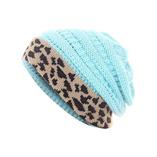 BUKINIE Gorro de punto de invierno con estampado de leopardo, con dobladillo, elástico, holgado, informal, ligero, forro polar grueso para mujeres
