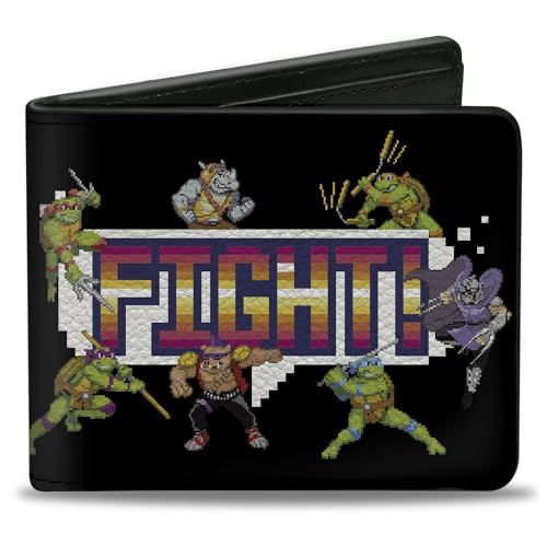 Buckle-Down Nickelodeon Vegan Leather Mens Bifold Wallet with Billfolds, Card Slots & ID Holder - TMNT Teenage Mutant Ninja Turtles & Villains Arcade Fight Pose