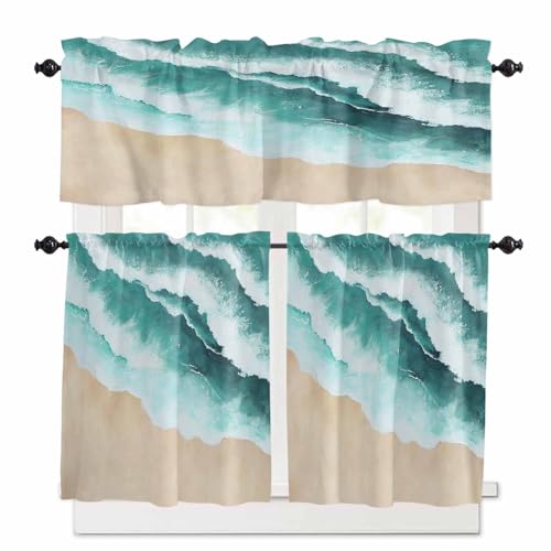 Teal Waves Coastal Kitchen Curtains 24 Inch Length, 3 Piece Rod Pocket Small Half Tiers and Valance Set, Summer Beach Nautical Ocean Sea Small Large Window Treatment Decor for Bedroom/Bathroom Sink