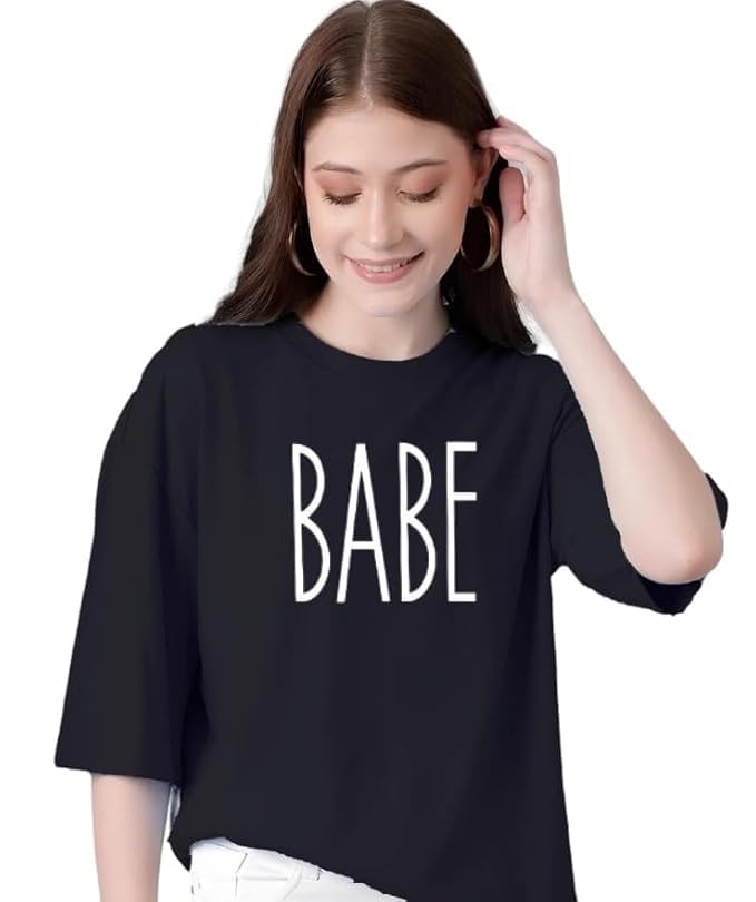 YUMINA Women's Round Neck Poly Cotton Babe Printed Oversize T-Shirt