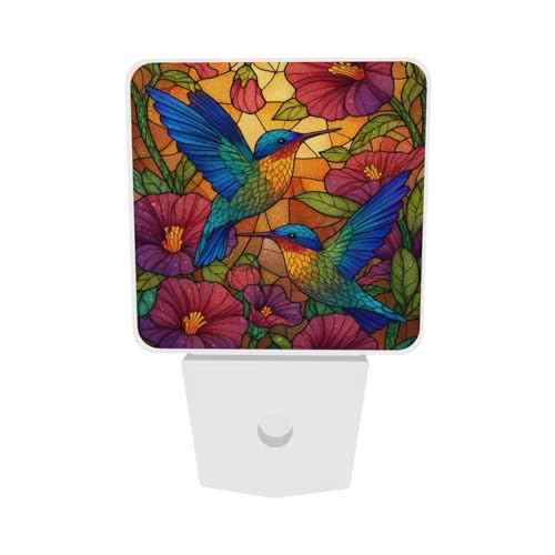 Image of Blue Hummingbirds Night Light Set of 2, Colorful Flowers Auto Sensor LED Dusk-to-Dawn Nightlights, Plug-in Sensor Lamp for Bedroom Bathroom Kitchen Hallway Stairs Decorative