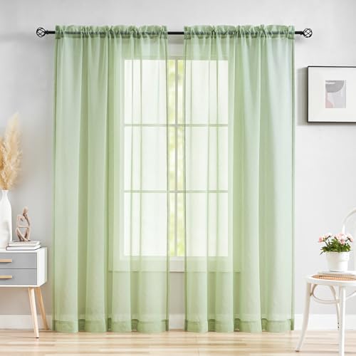 Image of MYSTIC-HOME Sheer Curtains Green 95 Inches Long, Window Treatments Rod Pocket Drapes for Living Room, Bedroom, Semi Crinkle Voile Curtain Panels for Yard, Patio, Villa, Parlor, Set of 2, 52 inchx95 inch