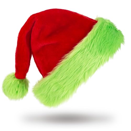 Funny Santa Hat for Adults Soft Plush Red and Green Christmas Hat for Men and Women Cozy Holiday Party Headwear