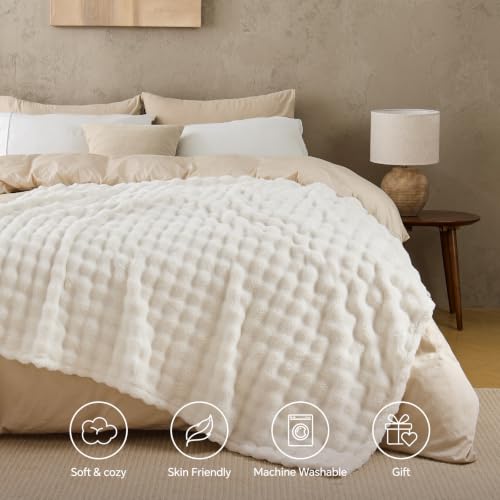 Image of BEDELITE Cream White 3D Fleece Bubble Throw Blanket for Couch, 50x60 Inches | Fluffy Blanket for Sofa Bed Dorm Room Decor, Luxury Soft Warm Cozy Plush Fuzzy Throw Blankets Gift for Women, Lightweight