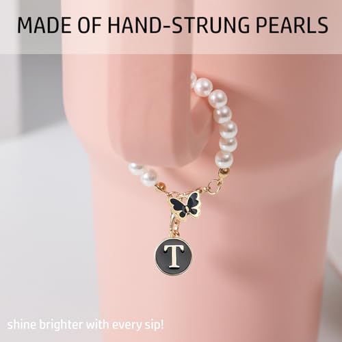 Image of Letter Charm for Stanley Cup,Pearl Chain Accessories Stanley Cup Initial Charms for Handle Stuff Decor Water Bottle Jewelry Tumbler Cute Personalized Name ID Decorations Black Tag (T)