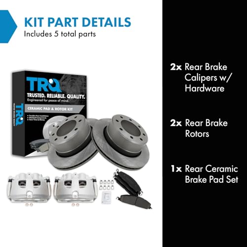 Image of TRQ Rear Brake Pad, Caliper, & Rotor Kit Ceramic Vented Compatible with 2009-2010 Dodge Ram 2500, 3500 2012 Ram 1500 2011-2018 2500 3500