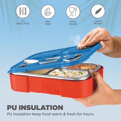 Image of Milton Sports Ethan 3|Delhi Capitals Official Drinkware Partner|Inner SS Tiffin Box, 3 Partition,Steam Release Plug|PU Insulated,Leak-Proof|Lunch Box for Kids,Boys,Girls with Snap Lock Lid|600 ml, Red