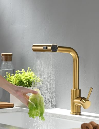 TIMACO Grifo de cocina extensible, giratorio 360°, grifo mezclador para cocina, monomando para cocina, fregadero, grifo de fregadero, dorado cepillado TIMACO Grifo de cocina extensible, giratorio 360°, grifo mezclador para cocina, monomando para cocina, fregadero, grifo de fregadero, dorado cepillado