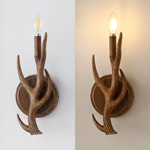 Image of JONATHAN Y 5.5 inch Brown 1-Light Wood Finish Faux Antler LED Vanity Light Set of 2, Rustic Wall Sconces for Bathroom Mirror Hallway, Southwestern Farmhouse Decor, LED Bulbs Included JYL6307A-SET2