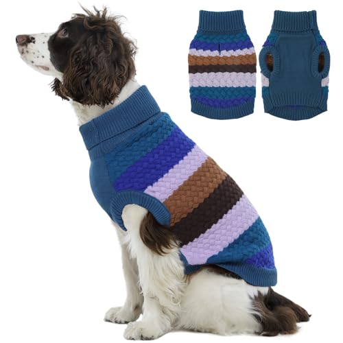 Kuoser Dog Sweater, Thermal Knitted Winter Clothes for Large Dogs, Dog Christmas Sweater Turtleneck Knitwear for Fall Winter, Warm Sweaters for Dogs, Puppy Holiday Pullover Pet Outfit, Blue