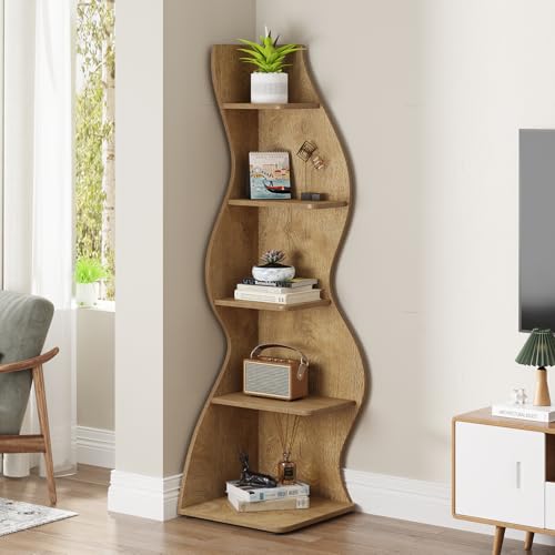 Image of Tribesigns Corner Shelf, Modern 5-Tier Wall Corner Bookshelf, Stylish Corner Small Bookcase Storage Rack Plant Stand with Unique Shape for Living Room, Home Office (Light Brown, 1PC)