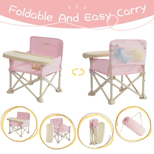 Image of Portable Baby Chair,Portable 3-in-1 Baby Booster Seat with Tray,Folding Toddler High Chair for Travel,Camping, Home & Dining, Easy to Clean & Store, Safe with Child Safety Belt Carry Bag(Pink)