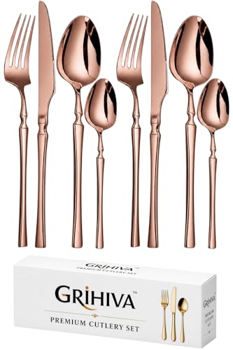 Image of 8 Pcs Rosegold Slim Handle Stainless Steel Cutlery Set for Dining Table with Spoons and Forks Set + Butterknives - The Perfect Tableware /Flatware