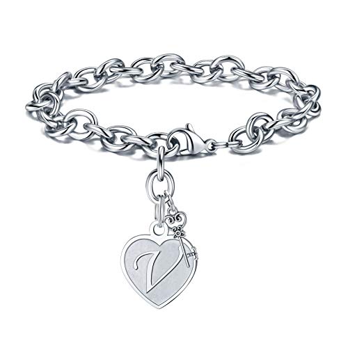 Image of M MOOHAM Heart Initial Bracelets for Girls Women - Engraved 26 Letters Initial Charms Bracelet Stainless Steel Bracelet Birthday Christmas Jewelry Gift for Women Teen Girls