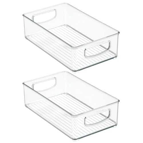 mDesign Small Plastic Bathroom Storage Container Bins with Handles for Organization in Closet, Cabinet, Vanity or Cupboard Shelf, Accessory Organizer - Ligne Collection - 2 Pack - Clear