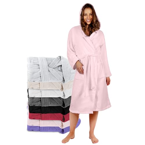 Twinzen Peignoir de Bain Femme - M - Rose - 100% Coton avec Capuche - Certifié OEKO-TEX® - Robe de Chambre Eponge 2 Poches, Ceinture - Doux, Absorbant et Confort