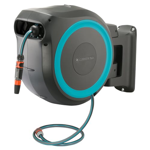 GARDENA (18630) Retractable Garden Hose Reel 115' x 1/2' Wall Mounted, Automatic Retraction & Length Lock for Easy Watering. Heavy Duty Swivel Bracket 180°, Includes Nozzle. Made in Europe