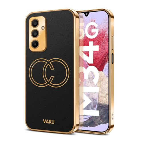 Image of Vaku Luxos Skylar Back Cover for Samsung Galaxy M34 5G with Leather Pattern Gold Electroplated Soft TPU Cover Shockproof Protective Case- Black