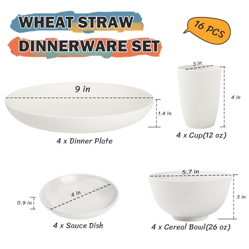 Image of Wheat Straw Plates and Bowls Sets of 16，Unbreakable Dinnerware Sets for 4, Microwave & Dishwasher Safe Kids Dish Set for Kitchen, Outdoor, Camping, Party, RV- White