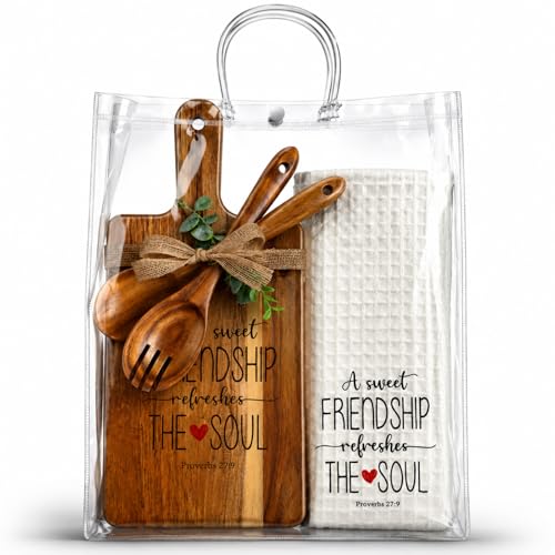 Juego de 7 piezas para amigas: tabla de cortar de madera de acacia, cuchara y tenedor de ensalada, paño de cocina impreso, bolsa de PVC transparente, ramitas artificiales y cinta de cáñamo — regalo ideal para cumpleaños, Navidad o sorpresa miniatura 1