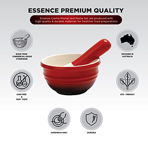 Essence- Maison Mortar And Pestle Set- Make Fresh Guacamole, Salsa, Pesto, Stone Grinder Bowl, Herb Crusher, Spice Grinder, Pill Crusher- 5.5In (D) X 3In (H) - 21.5Oz / 610Ml - Salsa Red/Cream #TOP5