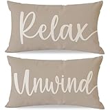 HERHOME Decorative Throw Pillow Covers 12x20 Inch Set of 2 Relax Unwind Beige Outdoor Farmhouse Front Porch Patio Decor Neutral Lumbar Cushion Case Decoration for Home Sofa Couch Living Room