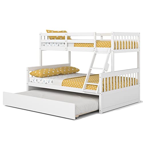 KOMFOTT Wood Twin Over Full Bunk Bed with Trundle, Bunk Bed Frame with Solid Pine Wood Frame, Space-Saving Bunk Bed with Ladder & Safety Guardrails, No Box Spring Needed