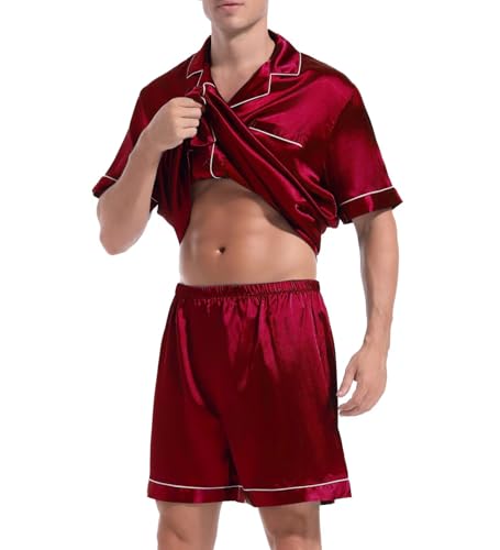 Couple Pajamas Set Men Satin Short Sleeve Sleepwear 2 Pcs Button Down Pjs Loungewear Wine Red Small3
