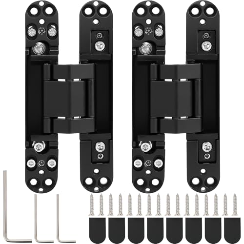 2 Pack Hidden Door Hinges, 6 Inch Black Heavy Duty Hidden Hinges for Secret Doors, 3-Way Adjustable to Bulid Conceal Bookcase Door