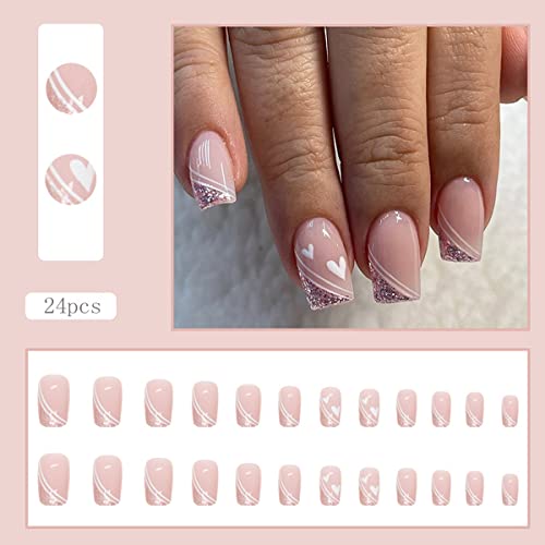 24Pcs Medium Square Press On Nails Glitter French Fake Nails Nude Pink Full Cover Stick On Nails Heart False Nails Exquisite Designs Stick On Acrylic Nails For Women Manicure Tips Decorations #TOP1