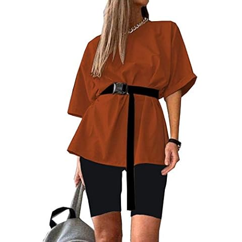 Oversized T-Shirt and Biker Shorts Set Women 2 Piece Outfit Sets Workout Sports Tracksuit with Belt - orange - Medium Cover