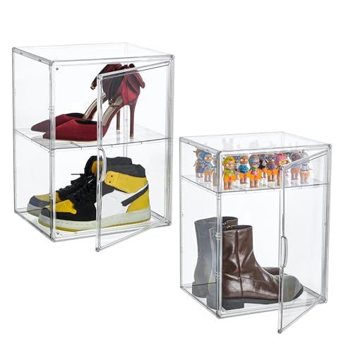 XXX-Large Clear Acrylic Display Case Boot Shoe Storage Boxes With An Adjustable Divider,2 Pack 2 Tiers Clear Plastic Stackable Storage Bins With Lids Big Display Acrylic Box With Magnetic Door