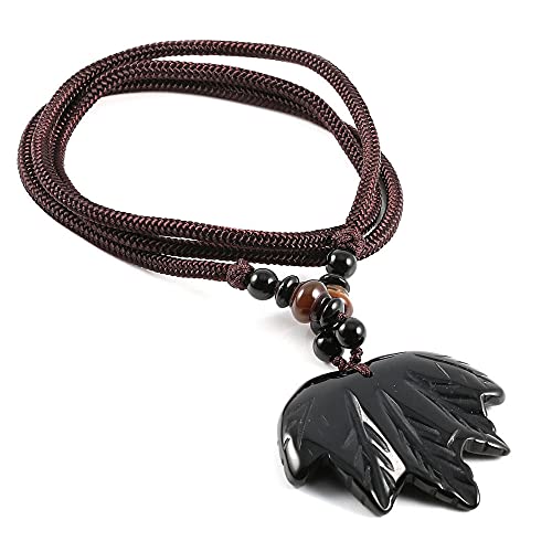Natural Stone Maple leaf Pendant Necklace Jewelry Pendant Necklace rope Chain adjustable size Jewelry for Women-black agate