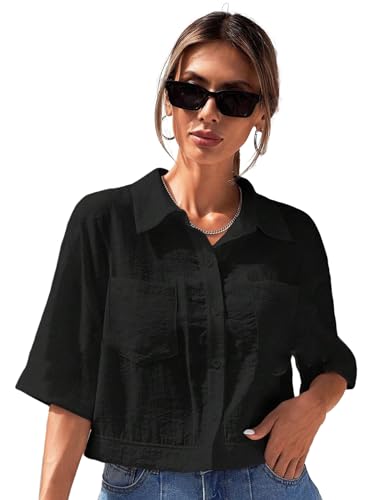 Image of TOPLOT V-Collar Solid Crop Shirt for Women with Half Sleeves, Polyester, Regular Fit