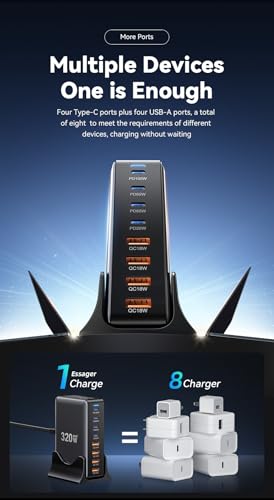 Image of INICIO 320W GaN 8 Port USB C Charger, 4 Type-C / 4 USB PD 100W 65W Fast Charging Station for MacBook iPad Pro Air iPhone 17 16 15 Galaxy S26 S25 Ultra Z Fold XPS 13 /15 Pixel 10 9 Laptops Android etc