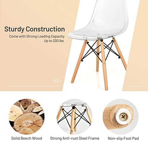 Giantex Set Of 4 Dining Chairs, Clear Dining Side Chairs W/Beech Wood Legs, Shell Designer Pre Assembled Modern Mid Century Transparent Dining Dsw Chairs, Plastic Kitchen Chair #TOP5