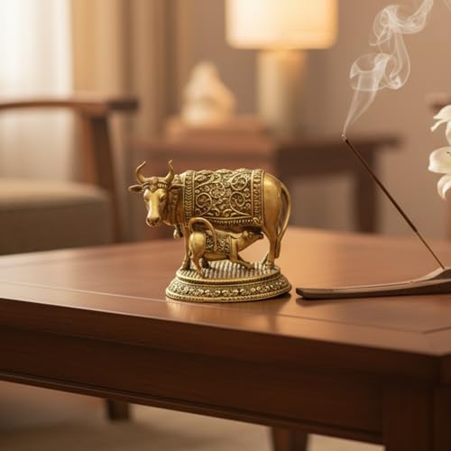 Image of eCraftIndia Golden Brass Kamdhenu Cow and Calf Idol for Home Decor Living Room Animal Figurine Cow Statue with Calf Gift for Diwali Housewarming Birthday