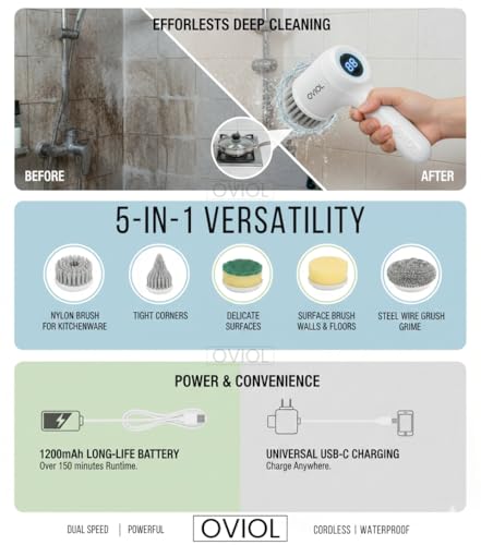 Image of OVIOL Electric Spin Scrubber - 5-in-1 Handheld Power Scrubber with LED Display, 2-Speed Rechargeable Cleaning Brush, 1200mAh Battery & 5 Interchangeable Heads for Bathroom, Kitchen & Tile