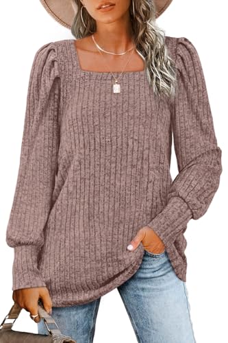 Image of WIHOLL Long Sleeve Shirts for Women Trendy Casual Square Neck Tops Lightweight Sweaters