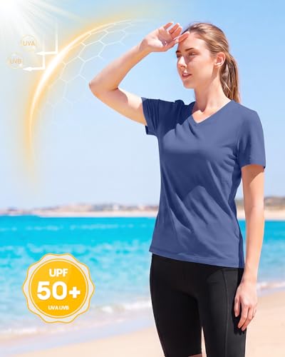 Image of Runhit Womens Workout Tops Short Sleeve UPF 50+ Athletic Sun Shirts Quick Dry V Neck T-Shirt Moisture Wicking Gym Hiking Tee
