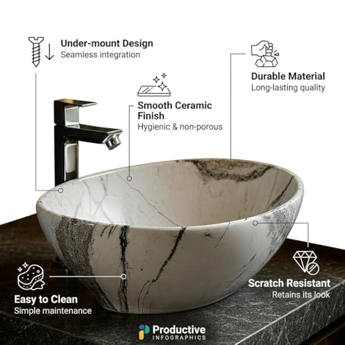 Image of Ceramic Tabletop Wash Basin - Glossy Bowl Shape Countertop Vessel Sink with Marble Finish for Bathroom & Vanity | Compact 16 x 13 x 5 Inch | Elegant Washbasin