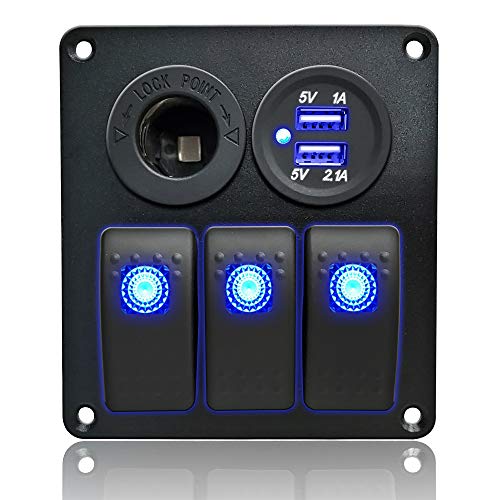 IZTOSS 3 Gang Rocker Switch Panel with Power Socket 3.1A Dual USB Wiring Kits and Decal Sticker Labels DC12V/24V for Marine Boat Car Rv Vehicles Truck Blue Led