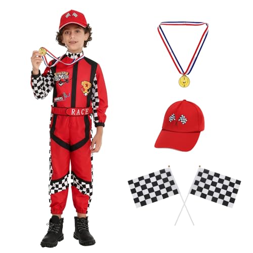 maxToonrain Disfraz de piloto de carreras con sombrero para niños, disfraz de piloto de F1 para Halloween, juego de rol, Navidad, Día Mundial del Libro (rojo y negro, 3-4 años)