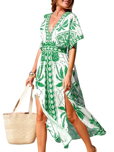 Image of CUPSHE Womens Tropical Floral Maxi Dress V Neck Short Sleeve Smocked Side Slit Dress Summer Vacation Beach Pocket Long Dress