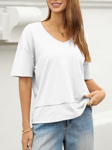 Image of UNCLECAT Womens V Neck T Shirts Summer Trendy Loose Fit Casual Tops Tees | Short sleeve, Spliced hem, Flowy graphic tees,Solid color cute basic t-shirts